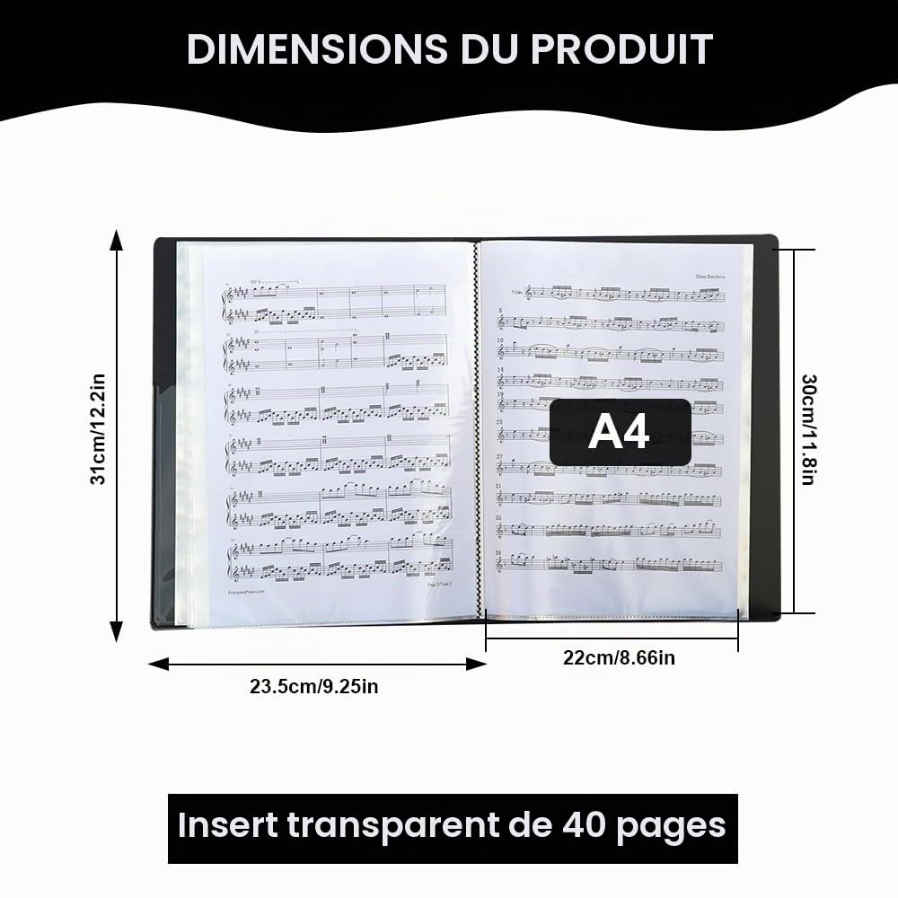 Noir Chemises pour Partitions en Plastique Imperméable | A4 Classeur Partition Musique, 40 Poches/80 Pages Dossier Feuilles de Musique, Porte Partition Chorale pour Partitions Piano