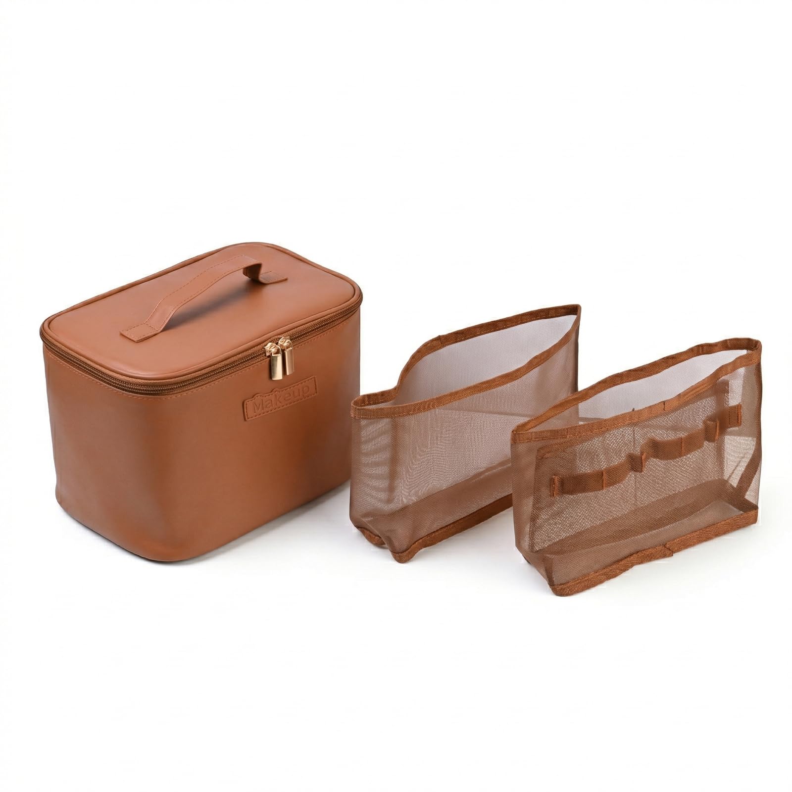 Nivofu Beauty Case Donna, Porta Trucchi Impermeabile in Pelle PU, Trousse Trucchi con Manico e Divisore Rimovibile, Beauty Case da Viaggio di Grande Capacità per Donne e Ragazze, Marrone