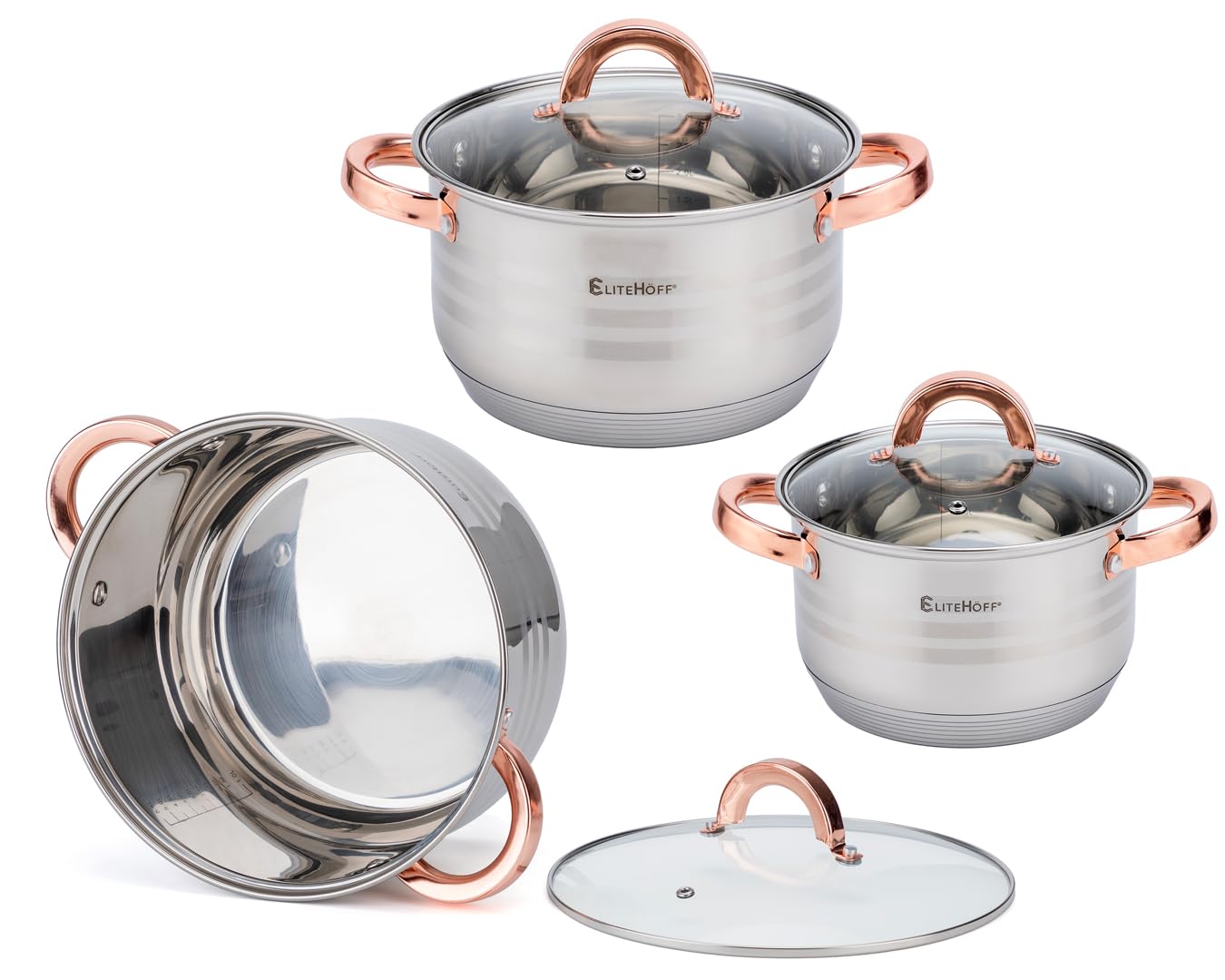 EliteHoff Topfset Induktion, Kochtopf Set mit Glasdeckel, 7-lagiger Edelstahl Topf- & Pfannensets mit Deckel, Griffe in Roségold, Kochgeschirr Set für alle Herdarten (12-teilig)