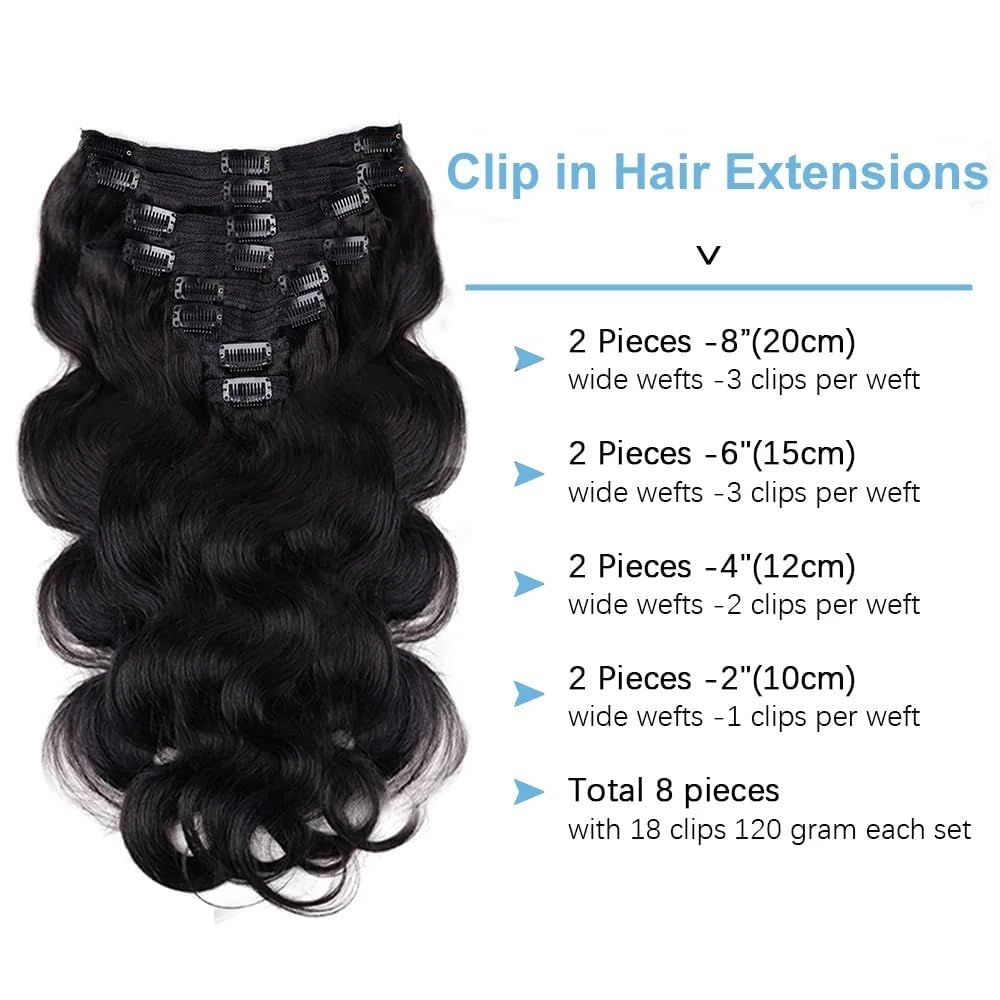 Dopinki do przedłużania włosów Body Wave Clip in, prawdziwe, 25-66 cm, falowane, dla kobiet, 8 sztuk, 120 g, 18 klipsów, naturalna czerń, nr 1B (22")