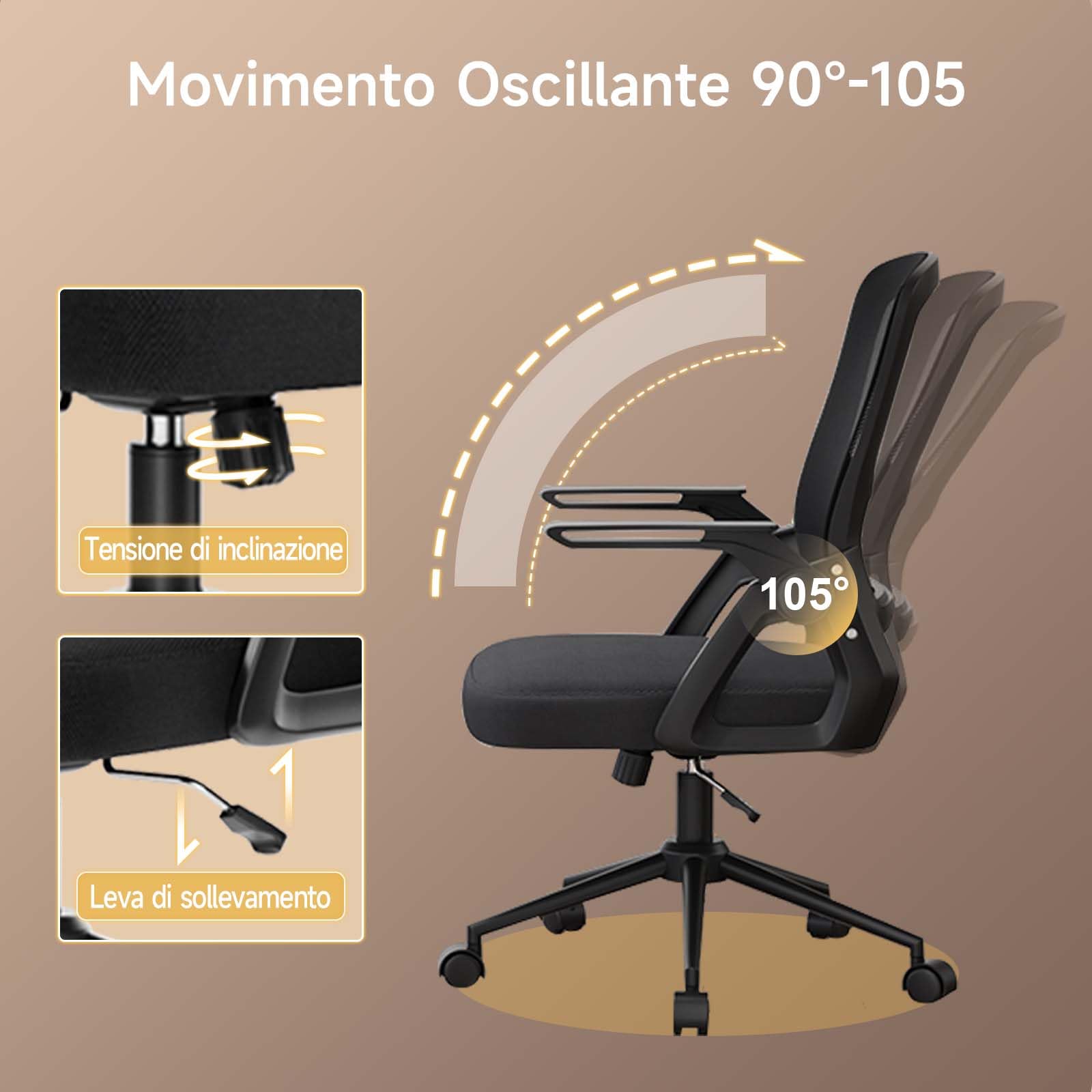 naspaluro Sedia da Ufficio Scrivania Ergonomica, Con Braccioli Pieghevoli, Altezza Regolabile, Seduta e Schienale in Rete Respirante, Girevole con Ruote, Funzione Oscillante Nera