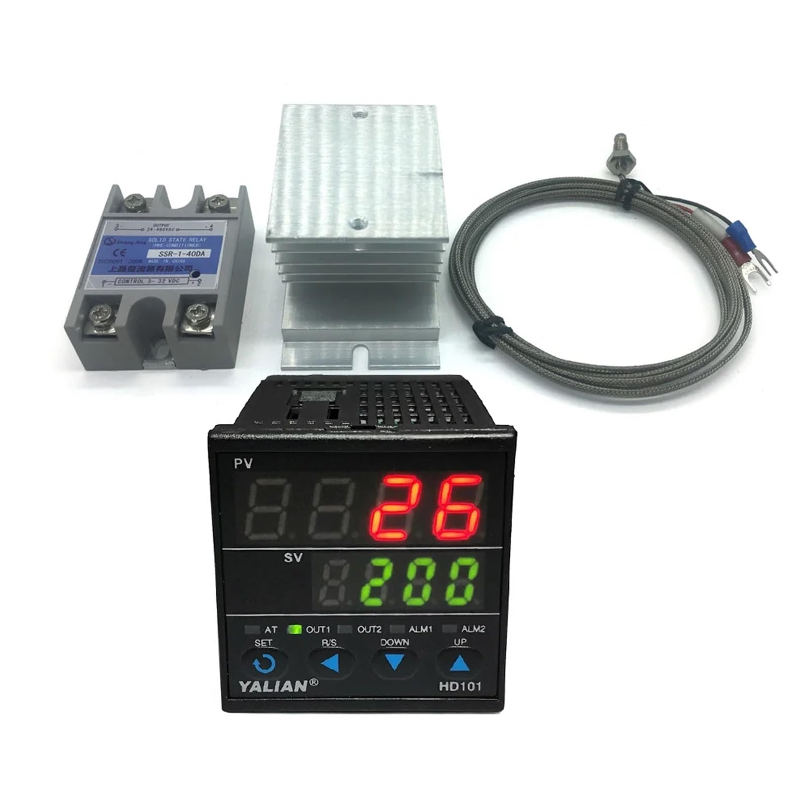 Controlador de temperatura digital Pid Temperatura máxima de ajuste 1372 grados Celsius + disipador de calor + termopar K 2M + SSR máx. 40 A(HD401)