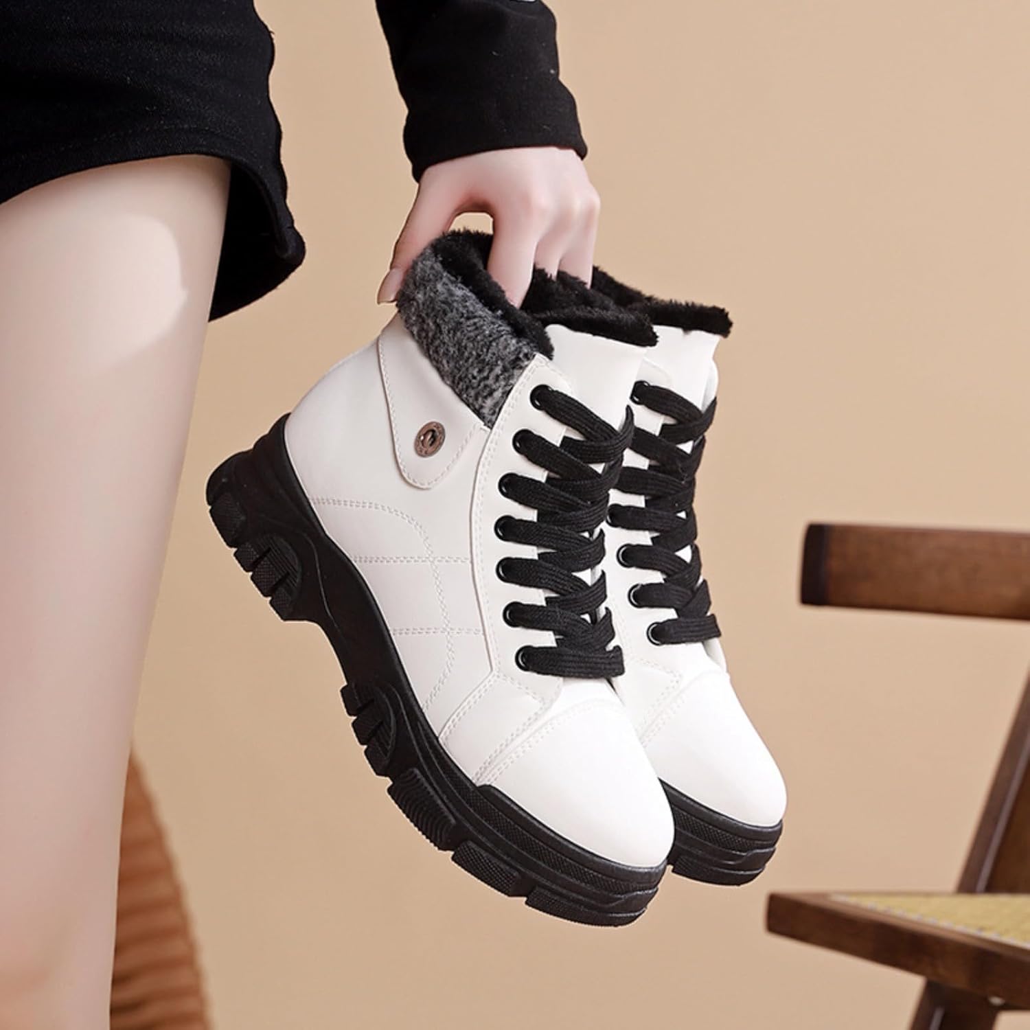 Women's Combat Boots Ankle Booties Warm Fur Lined Lace Up Non-slip Winter Snow Boot Fashion