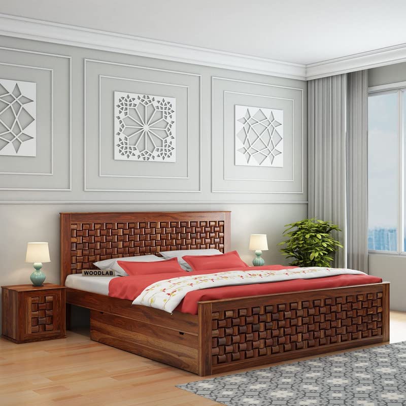 Image of WOODLAB Furniture Solid Sheesham Wood King Size Bed with 2 Side Drawer Storage and Niwar Style Headboard | Wooden Double Bed Cot Palang for Bedroom Living Room Home and Hotel (Honey Finish)