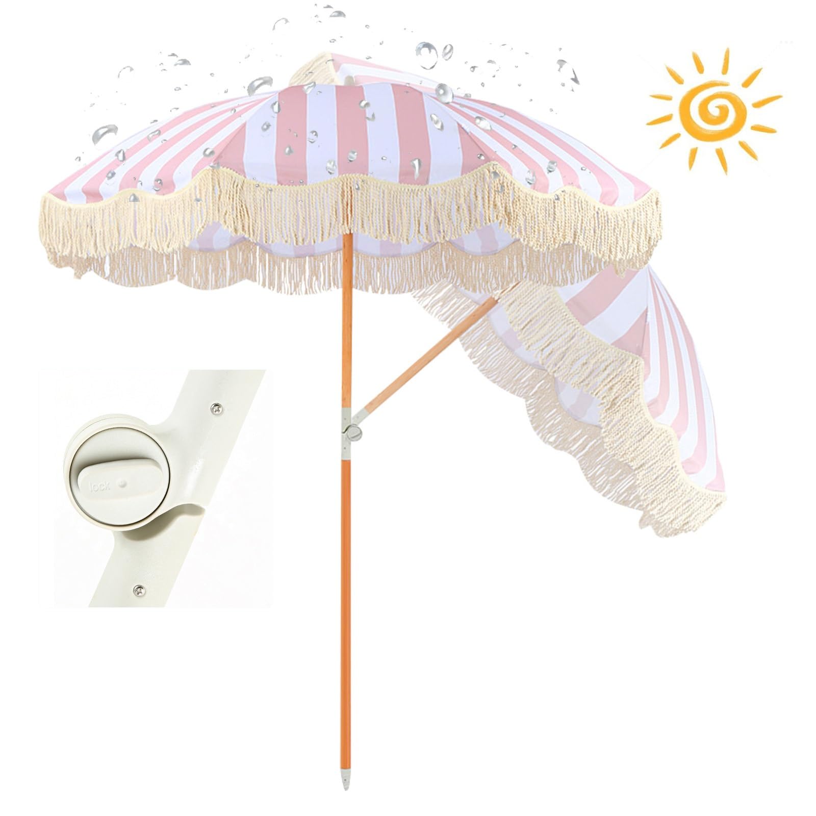 Sombrilla De Playa Grande Antiviento 2m Rosa Sombrillas Terraza Parasol De Jardín Anti UV Parasol Terraza De Jardín Sombrilla Jardin Exterior Con Borlas Para Piscina Balcón Y Césped