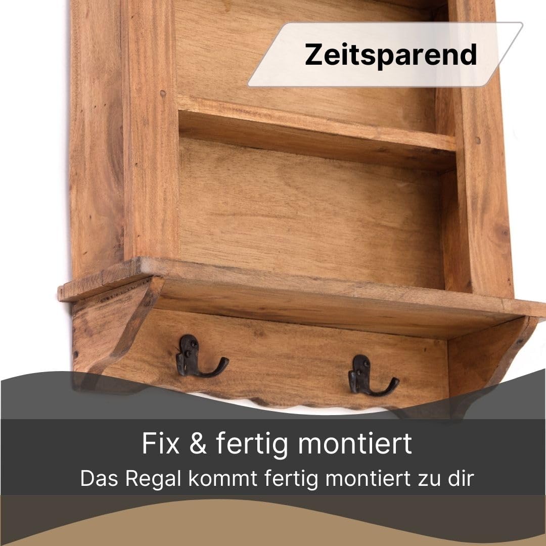 DESIGN DELIGHTS WANDREGAL Country | Mahagoni Holz, 3 Etagen, 68 cm, mit Haken | Wandschrank, Küchenregal, Hängeregal, Holzregal