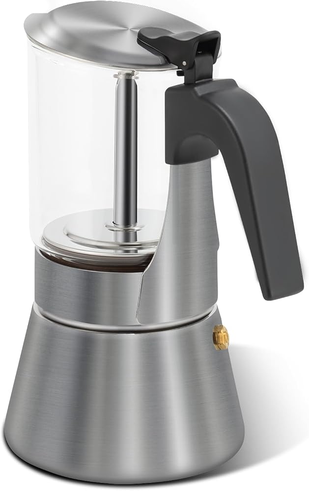 Grasseed Crystal Glass-Top Moka Pot, Polished Stainless Steel Stovetop Espresso Maker for Italian Coffee, Gift for Coffee Lovers - 4 Cup/160ml/5.6oz