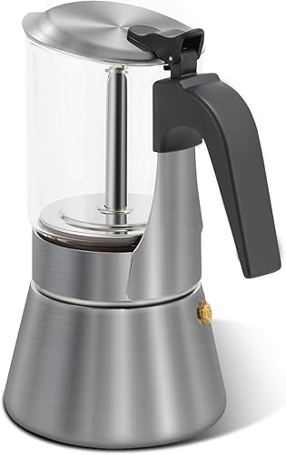 Grasseed Olla moka con tapa de cristal, acero inoxidable cepillado, cafetera espresso para café italiano, 4 tazas5.4 fl oz5.6 onzas