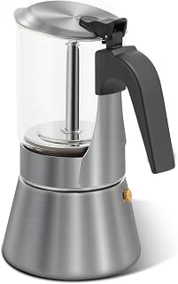 Grasseed Glass-Top Moka Pot, Stainless Steel Stovetop Espresso Maker, 4 Cup | Crystal Coffee Maker for Italian Coffee, Polished Mocha Pot, Gift for Coffee Lovers, 160ml
