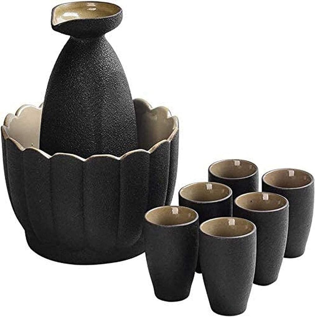 Sake Cup Set 9 Piece Black Glaze Wine Glasses Set with Warmer Pot and Candle Stove for Warm/Cold Sake Service Sake Pot Set