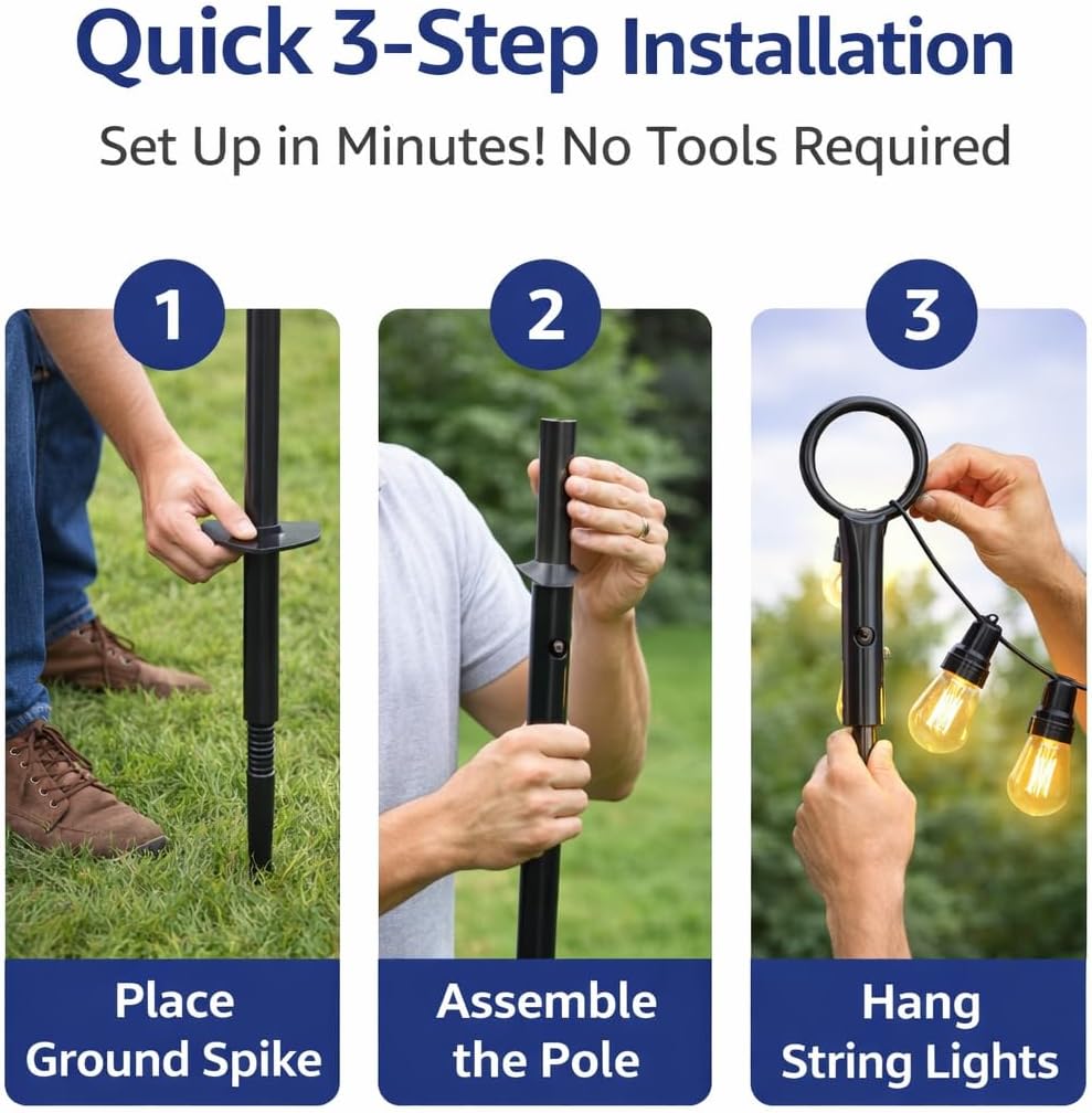 Simple Living Solutions 9FT Outdoor String Light Patio Pole - Heavy Duty Steel Light Pole for Backyard, Deck & Garden - Easy Install Ground Mount, Weather-Resistant, Black (4 Pack)