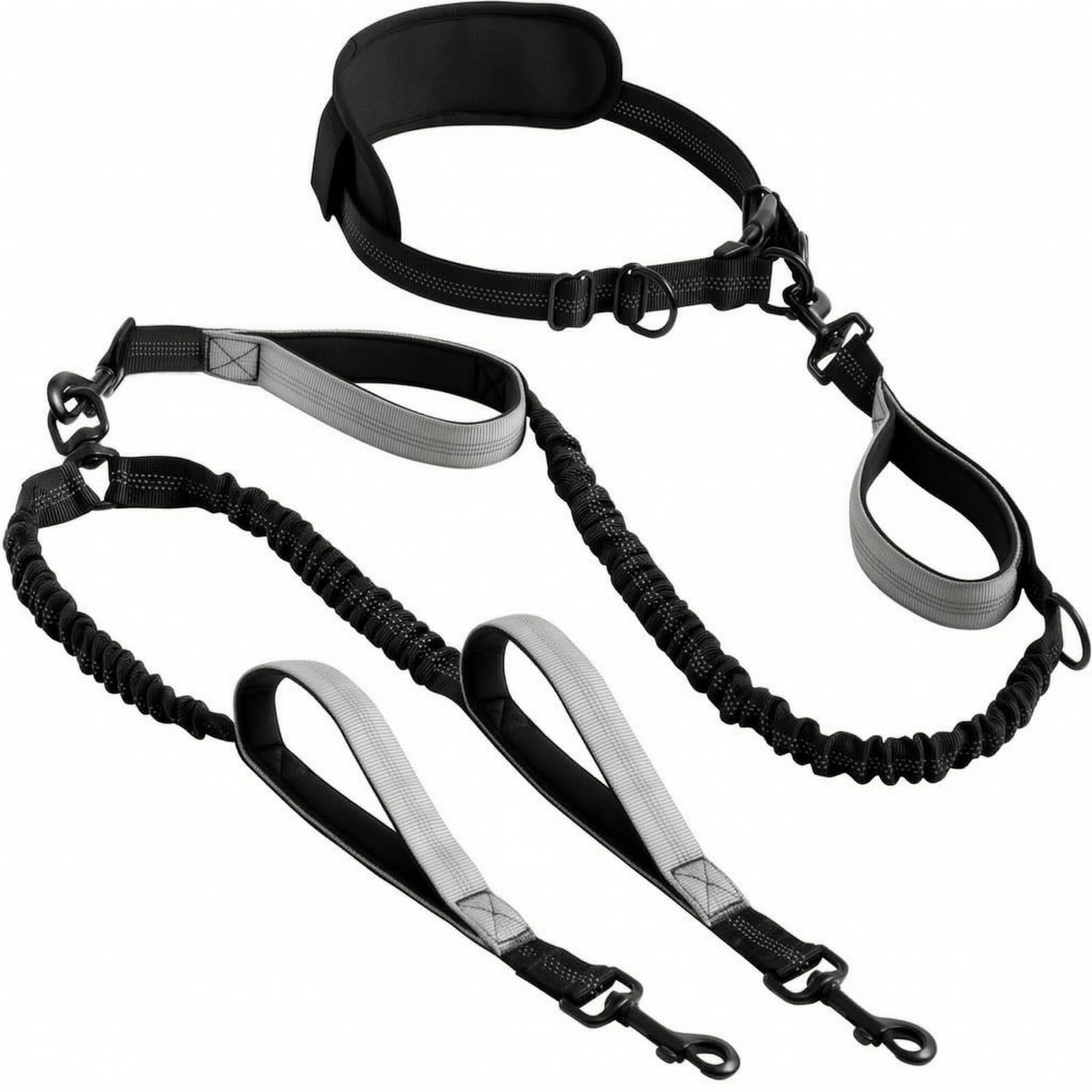 Laisse Double Tête Laisse de Course Ceinture Laisse Élastique Laisse Mains Libres avec Amortisseur Système Bungee Anti à Coups et Attaches Métalliques, Gris