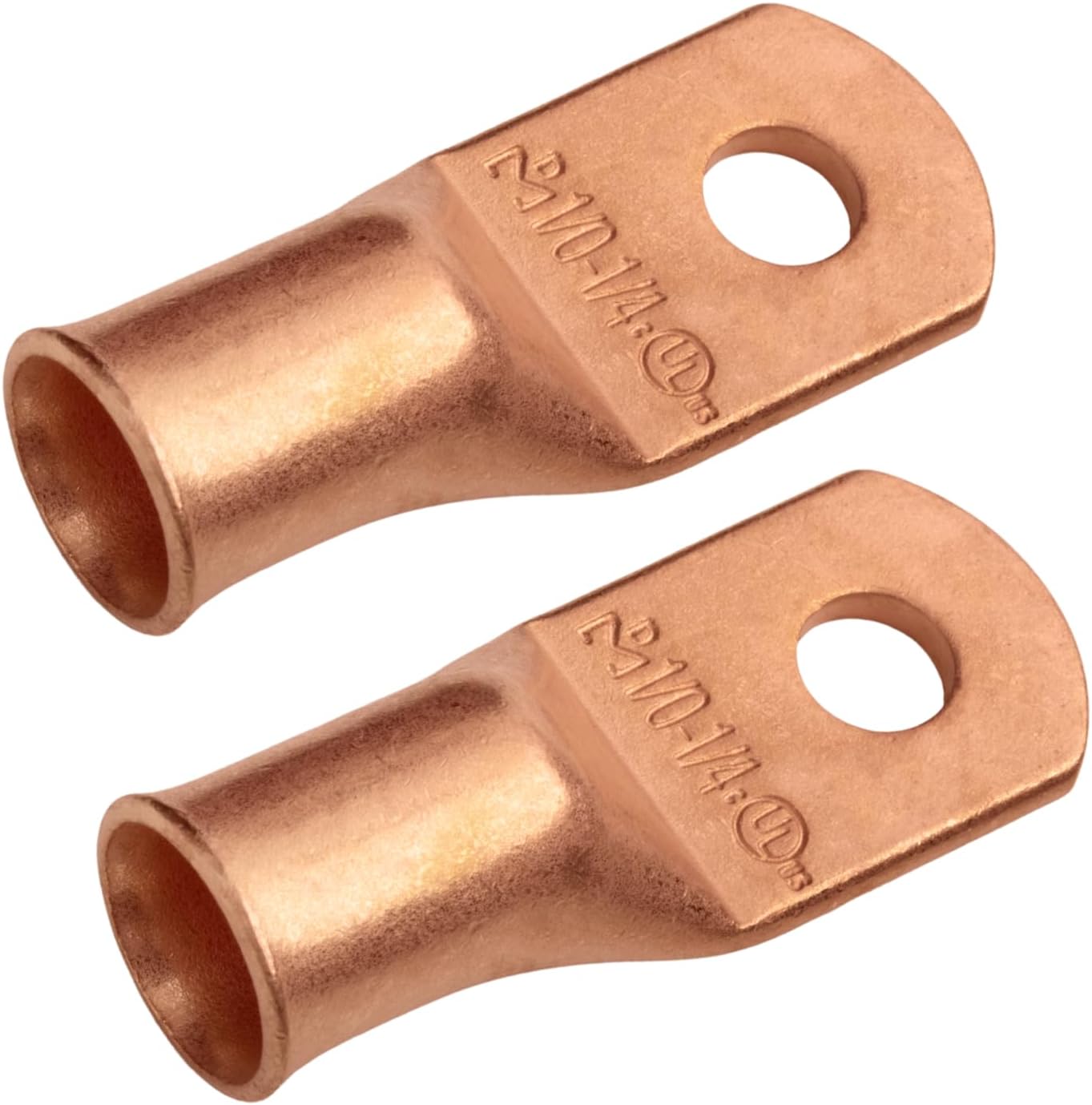 SELTERM 2pcs 1/0 AWG 1/4" Stud Copper Wire Lugs, Battery Lugs, Ring Terminals, Battery Cable Ends, 0 Gauge Ring Terminal Connectors, UL Heavy Duty Bare Copper Eyelets Battery Terminal Connectors