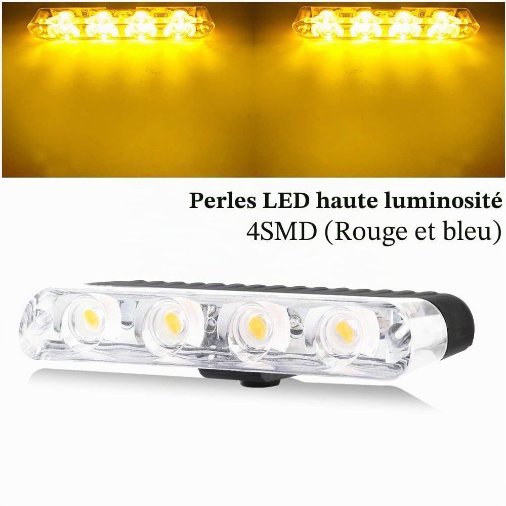 Gyrophare LED 4 en 1 Télécommande Sans Fil DC12V -lumière stroboscopique feux DRL clignotant magnetique d'urgence signalement lumières pour auto véhicule(Ambre)