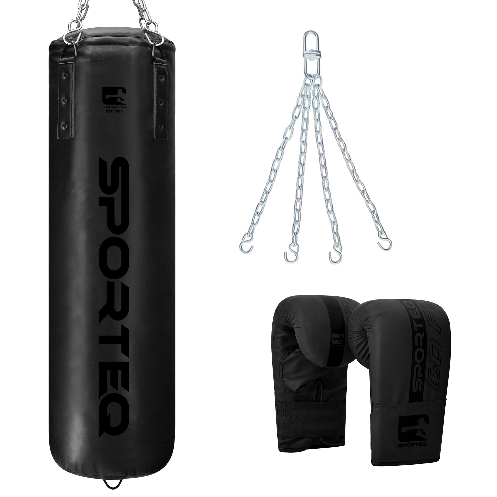 Sporteq Dyno Heavy Boxing Filled Punching Bag 3FT, 4FT & 5FT for All Ages & Genders | Martial Arts Kickboxing Muay Thai Karate | Home & Commercial Gym Use (3FT Punch Bag + Boxing Gloves + Chain)