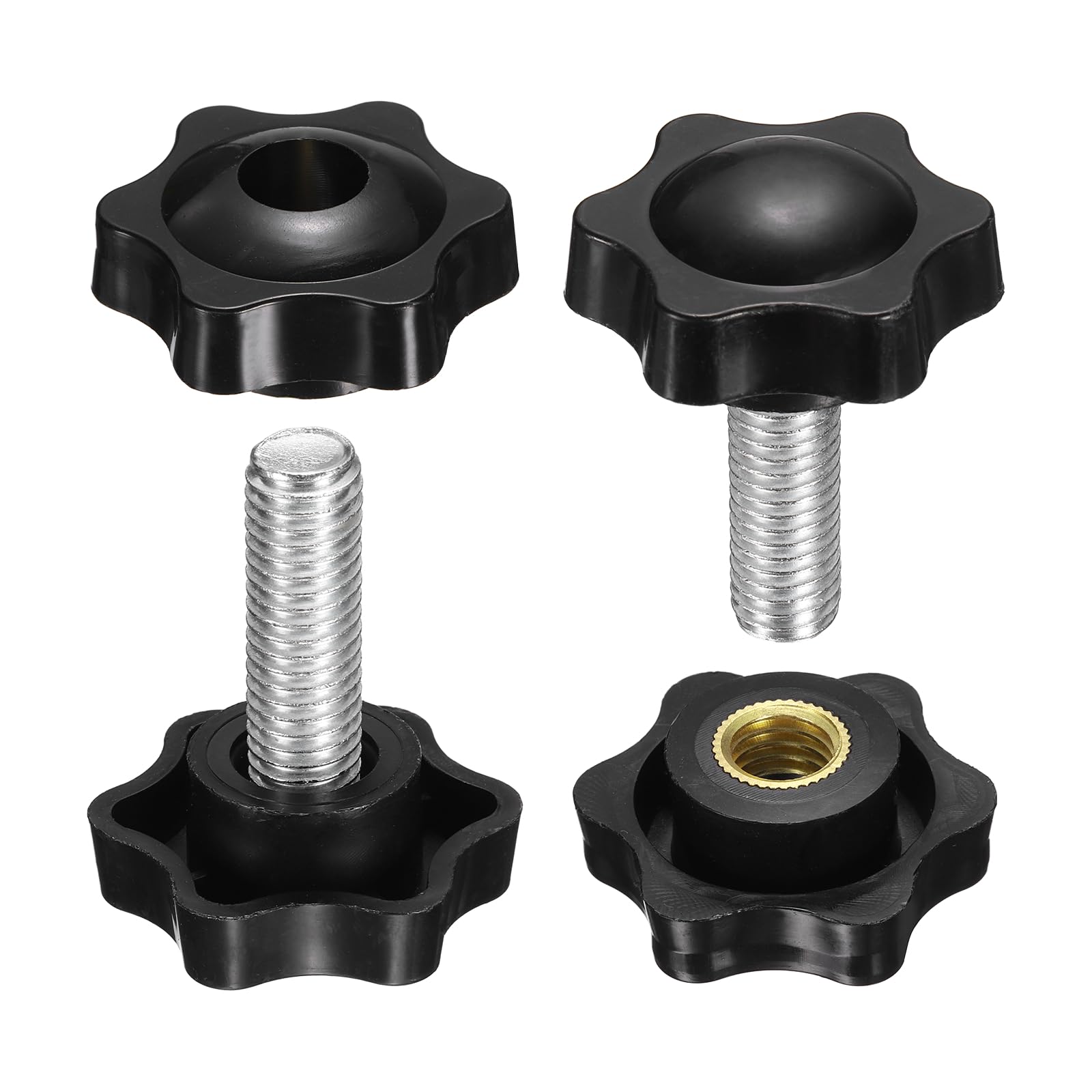 sourcing map 2 Set Star Knobs M10 x 12mm Male + M10 Female Thread 38mm Head Metric 6-Star Threaded Stud Clamping Handles Screw in Through Hole Hand Jig Knob Thumb Screws, Black