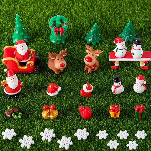 32pcs Christmas Miniature Ornaments- Xmas Micro Landscape Ornaments Resin Santa Claus Snowman Christmas Tree Elk Wreath Decoration Supplies Xmas Desktop Decor Party Favors for DIY Snow Globe Figurines