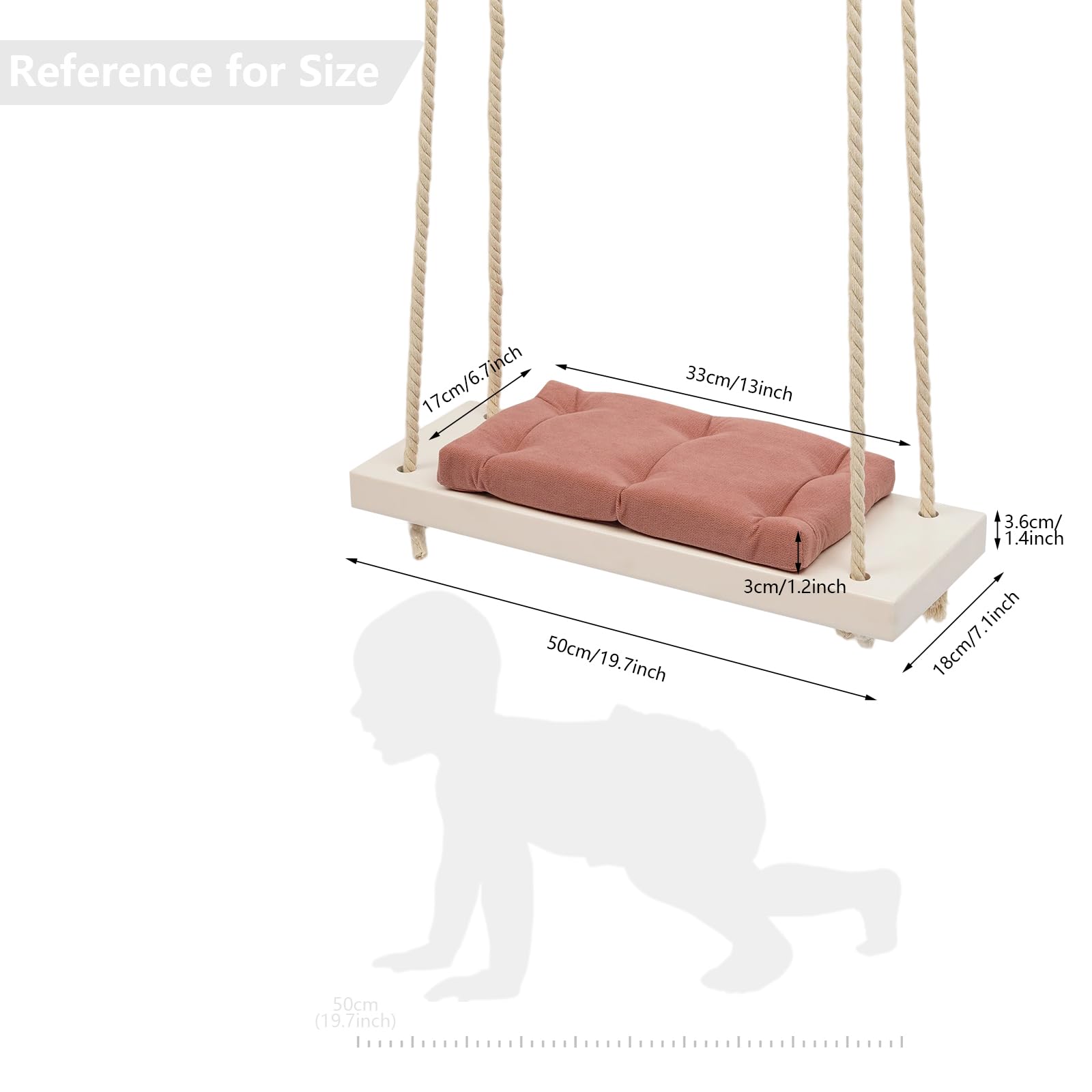 Poltrona sospesa con cuscino ispessito per bambini, altalena in legno rosa con supporto per interni ed esterni, asili, capacità di peso 50 kg