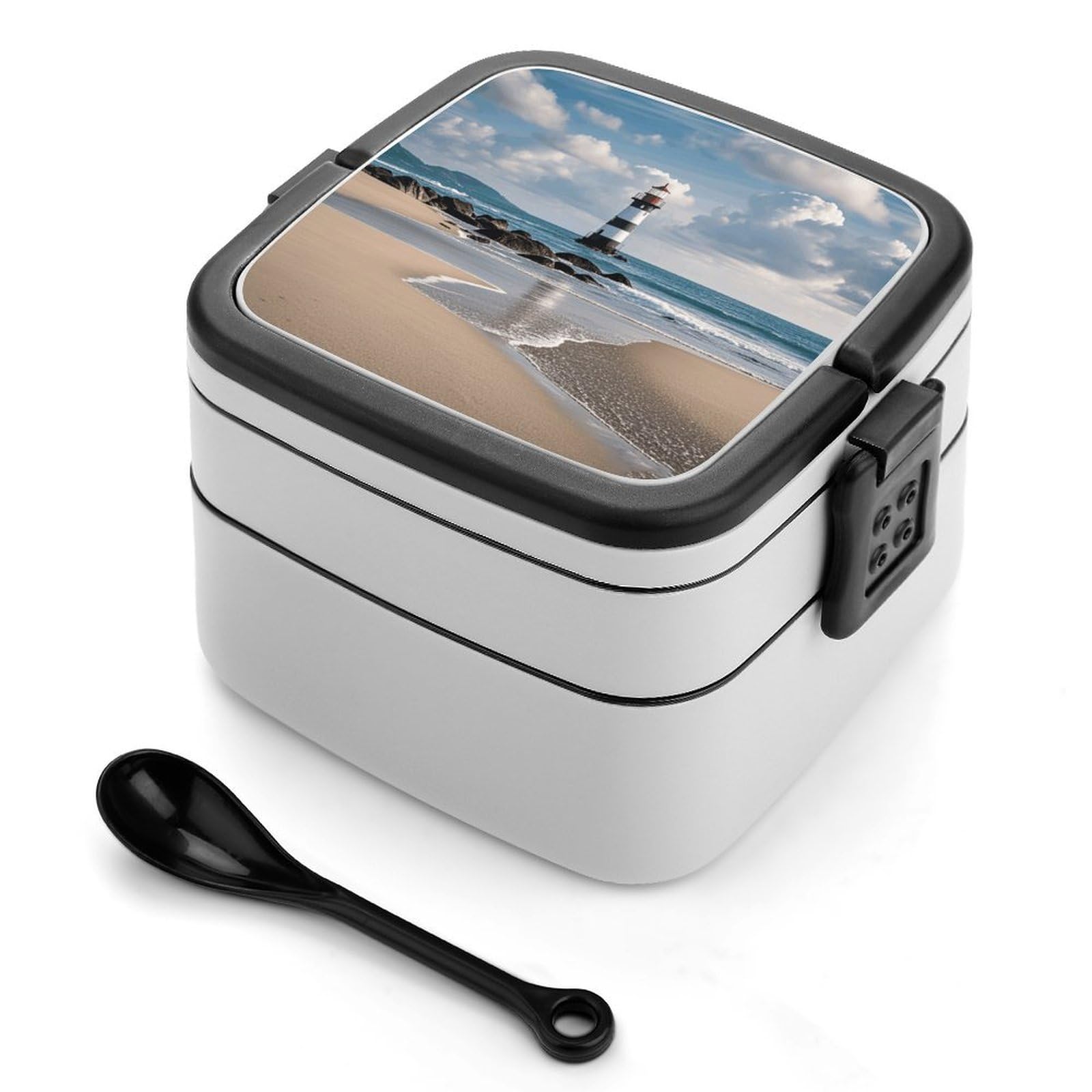 VstaDank Sea Lighthouse Sandbeach Bento Box with Compartments Portable Lunch Containers with Spoon Leak Proof Bento Lunch Box Snap-On Design Double-Layer Insulated Lunch Boxes for Work Camping