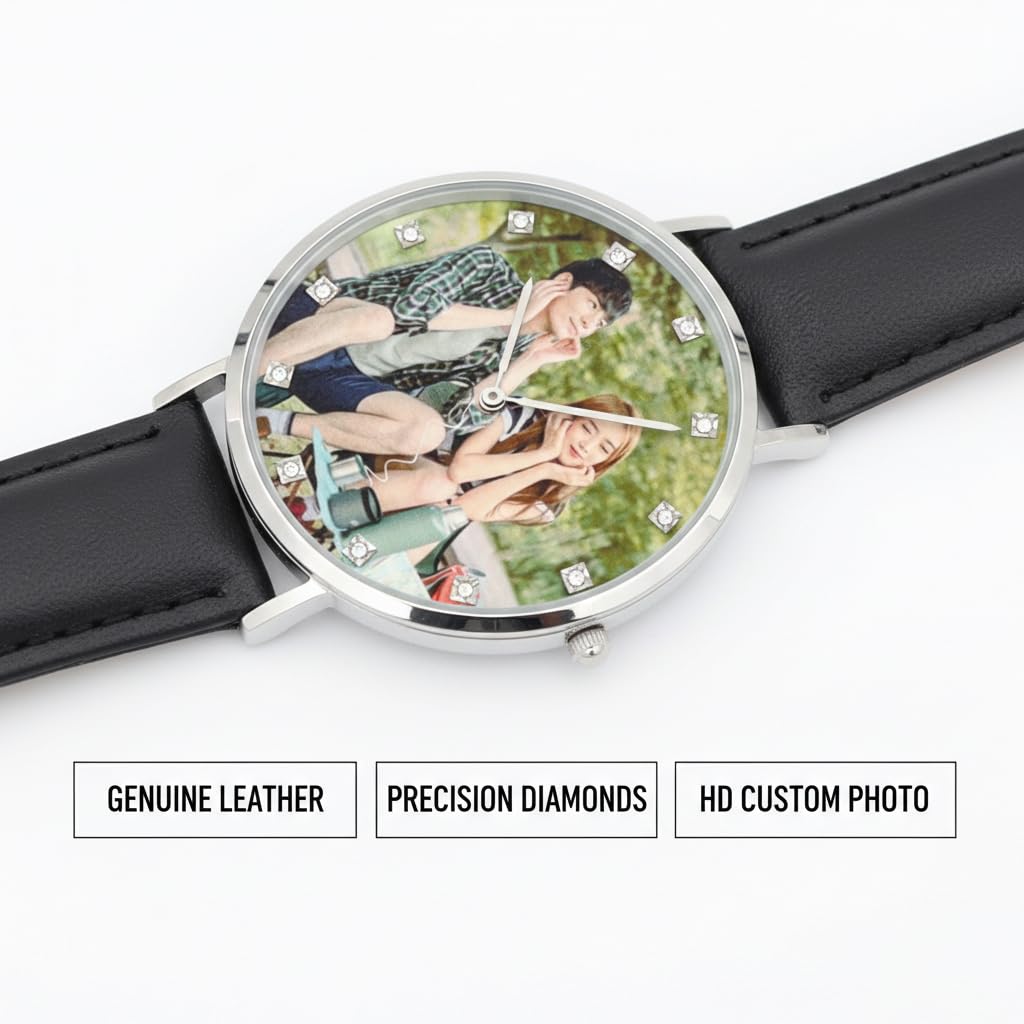 Coppia di orologi da polso personalizzati, con incisione personalizzata per uomini e donne, orologi da polso al quarzo con cinturino in pelle nera, con marcature a diamante, resistente
