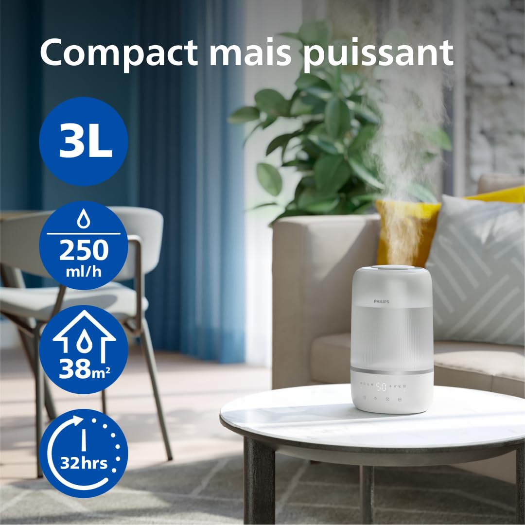 Philips Humidificateur intelligent - Compact mais puissant avec Sky High Mist, jusqu'à 32 heures d'autonomie, silencieux avec réglage du sommeil et veilleuse, pour jusqu'à 38 m² (HU1509/00)