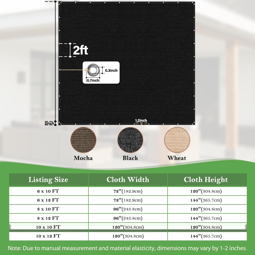 SEEYE 90% Sun Shade Cloth, 10 x 10 FT Durable Privacy Screen Shade Cover, Pergola Shade Cover with Grommets, UV Block Mesh Tarp for Plant Cover, Greenhouse, Patio, Chicken Coop, Balcony, Black