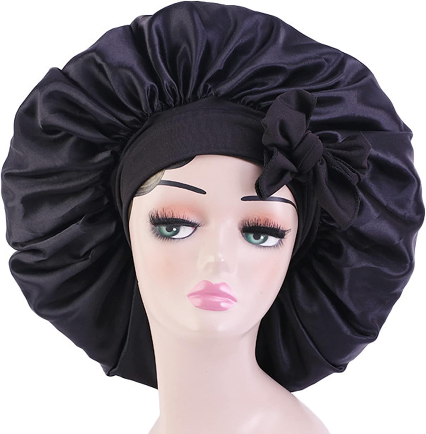 Satin Bonnet Silk for Hair Sleeping: Women Tie Bonnets Adjustable Night Cap Jumbo Size Comfortable Wide Band for Braids Curly Long Hair (Black)