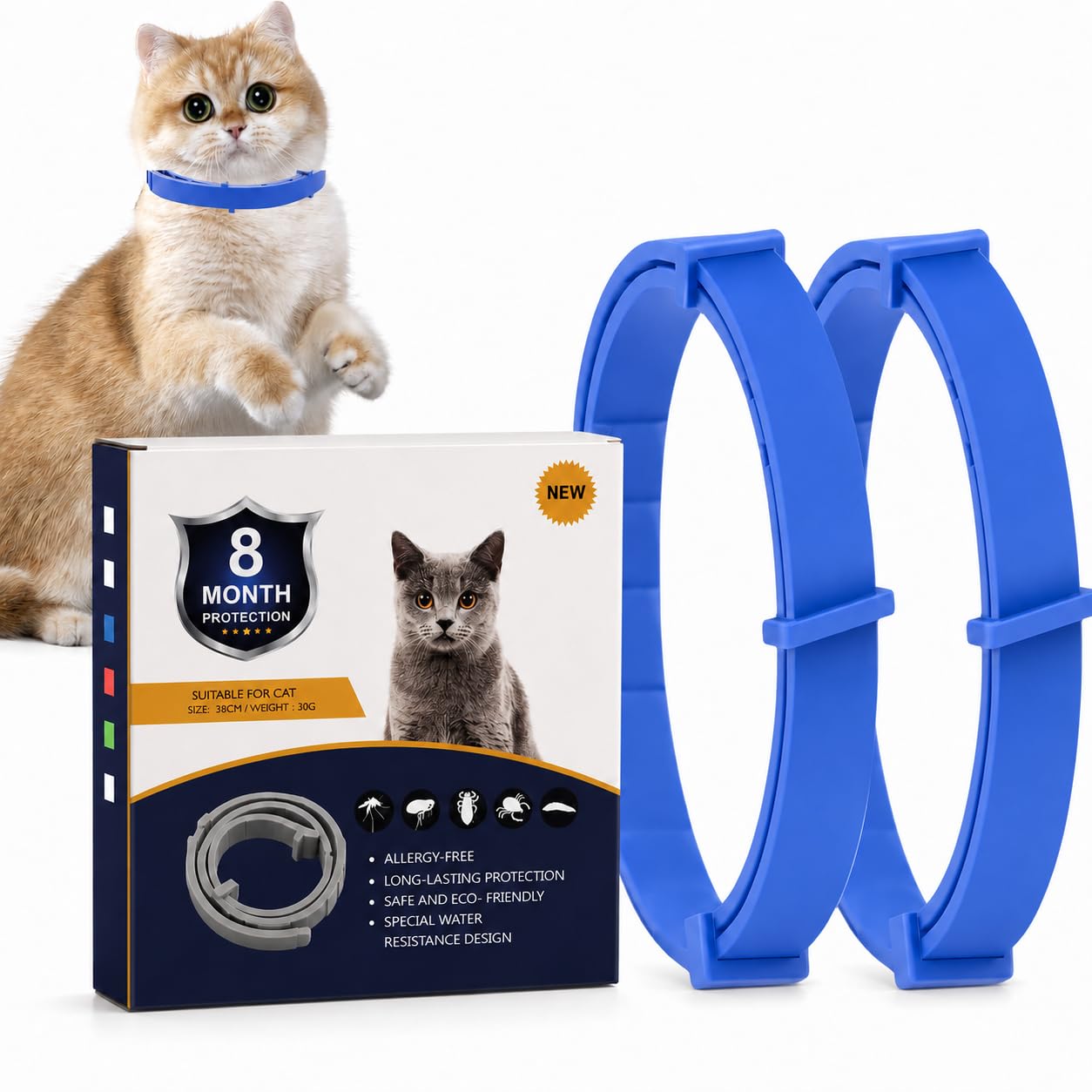 Blue Botanical Cat Collar 2 Pack, Adjustable 38 cm Essential Oil Scent Collars for Cats, Lightweight Water-Resistant Breakaway for Kittens Adult