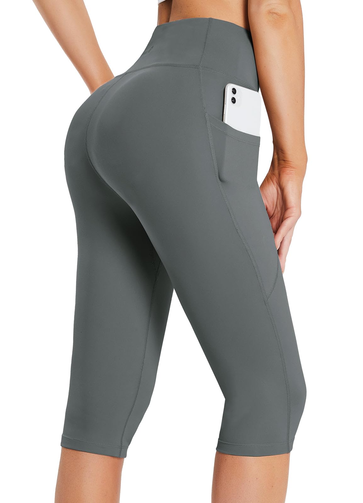 baleaf Women's Capri Leggings with Pockets High Waisted Knee Length Capris Stretch for Casual Yoga Pants Workout Exercise Classic Small Gray