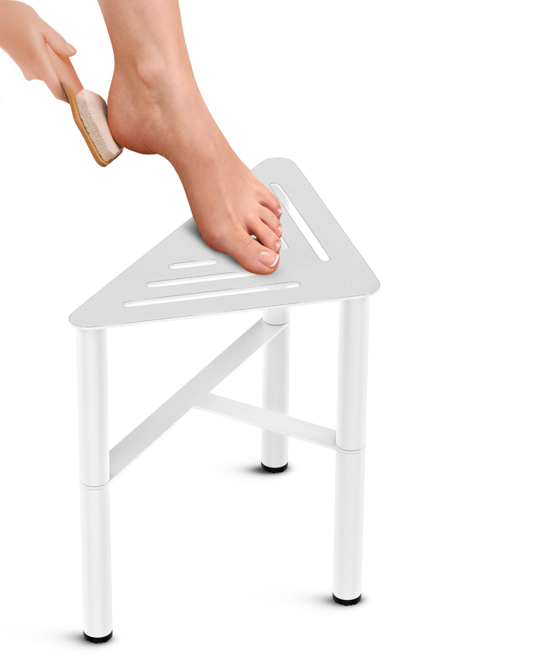 Corner Shower Stool for Inside Shower, White Corner Table for Small Spaces, Metal Shower Stool for Shaving Legs, Shower Foot Rest. No Tools for Easy Assembly.