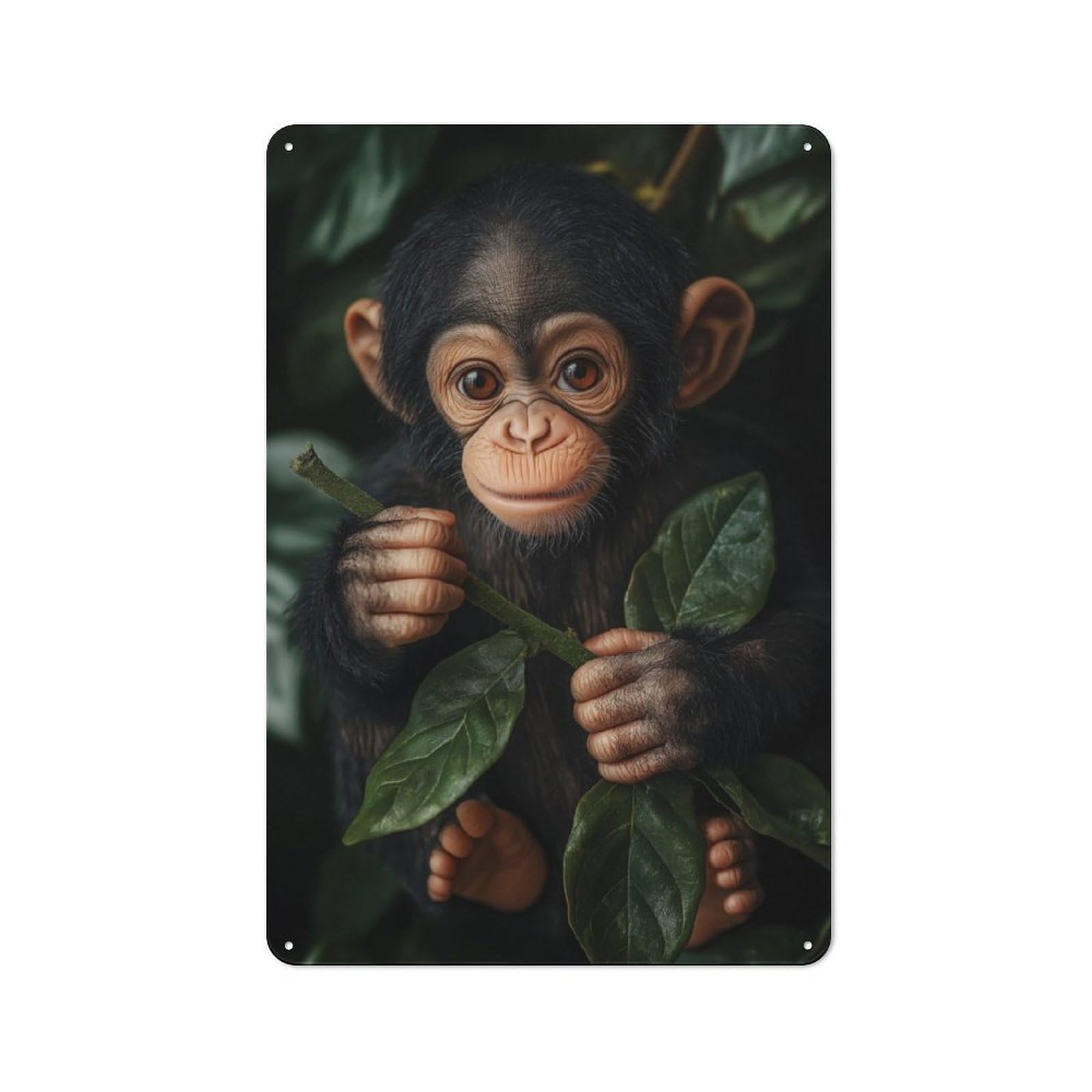 Junmoney Baby Chimpanzee Holding Branch Vintage Tin Sign 30X20cm With For Man Cave Or Games Room, For Games Room Collectors