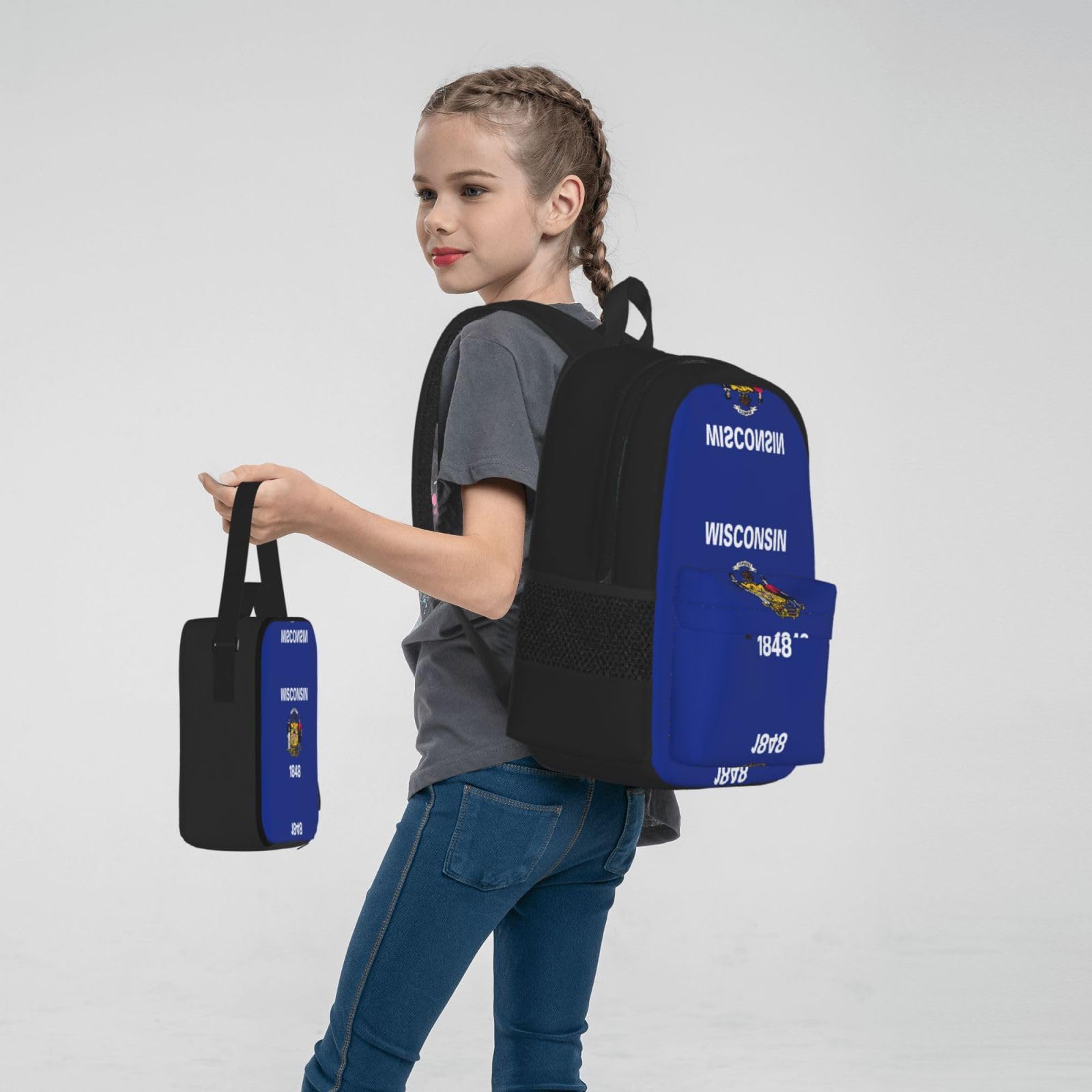Flaga stanu Wisconsin plecak dziecko chłopcy dziewczęta pudełko na lunch szkoła torba zestaw uczniów szkoły student prezent, Czarny, One Size, Bagaż