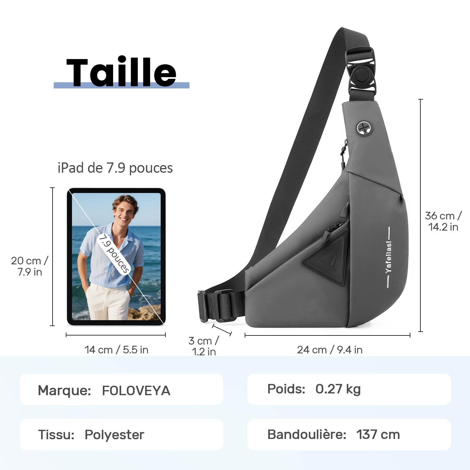 Léger Sac de Poitrine Homme Sling Bag Petit Sacs à Bandoulière Casual Sac d'Epaule Crossbody Bag Voyage Sport Cyclisme Antivol Imperméable Polyester Sling Sac à Dos Épaule Gauche Grise
