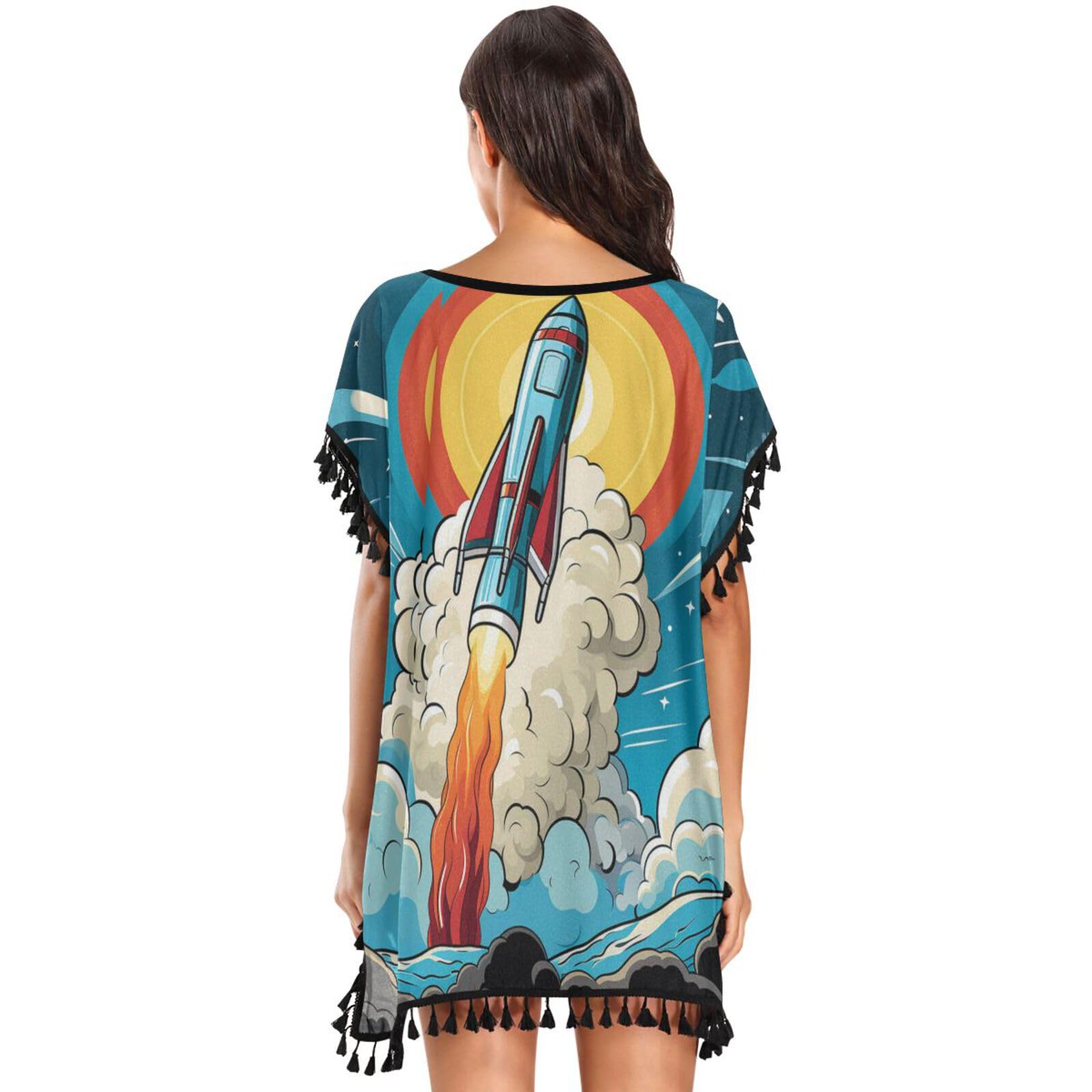 KAAVIYO Cartoon Rocket Flying Moon Women's Beach Cover Up Chiffon Tassel Swimwear Swimsuit Coverups for Girl