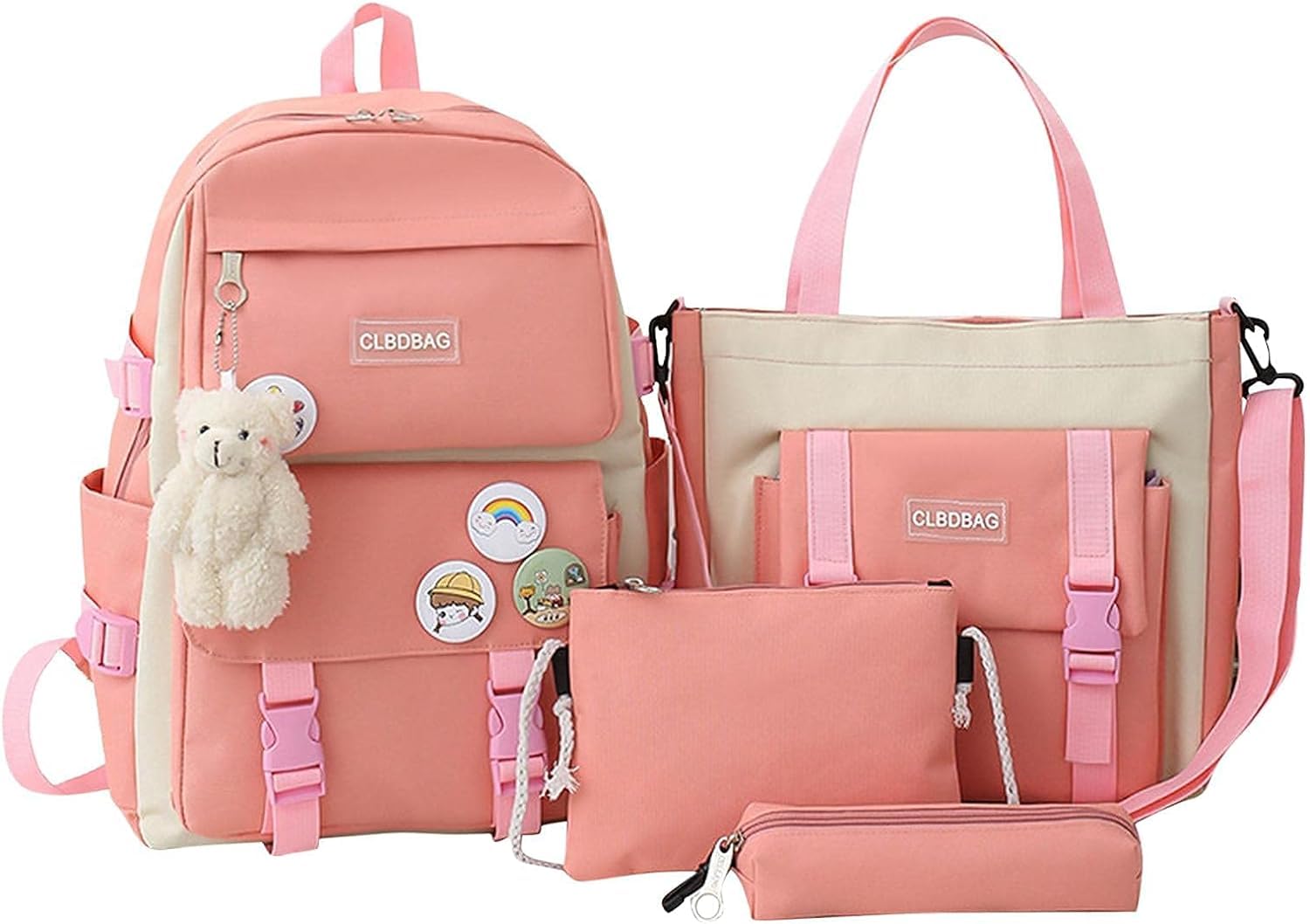 Jorunb4Pcs Kid Backpacks Set with Bear Pendant for Teenage Students Back to School Canvas Laptop School Bag Sets for Kids with Pendant Lunch Bag,Pencil Case,Handbag,Coin Purse