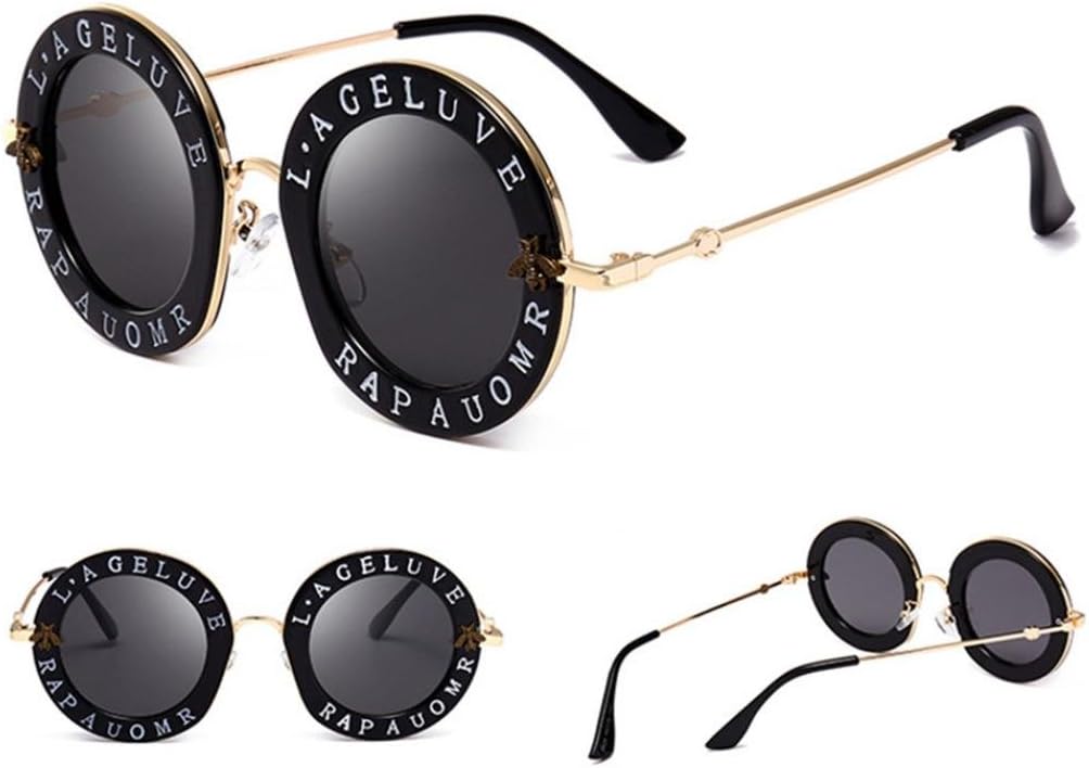 Rosiest Eyewear, Fashion Womens Retro Vintage Little Bee Letters Round Circle Sunglasses Eyewear Lens Neutral Large Frame Side Shades Glasses (B)
