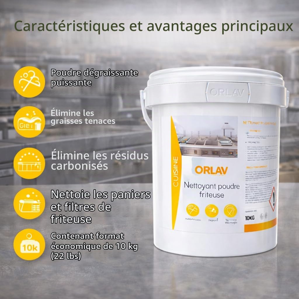 Puissant Détergent en Poudre pour Friteuse 10 kg – Orlav DPF+ – Nettoyant Cuisine Professionnelle – Élimine Graisses Incrustées et Résidus – Usage Restauration, Collectivités et Traiteurs