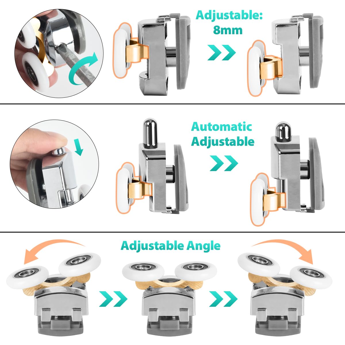 8 Pieces 23mm Shower Door Rollers Replacement Curved Shower Door Wheels Bathroom Shower Screen Roller Door Runners, Fits 4-6mm Glass - Image 4