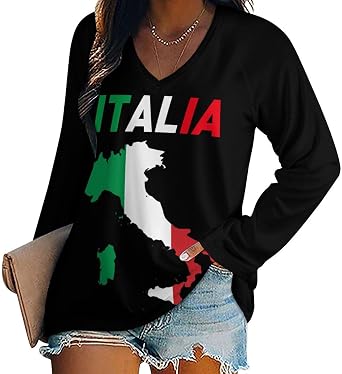 Italy Flag Map Womens Casual Long Sleeve T Shirts V Neck Printed Graphic Blouses Tee Tops