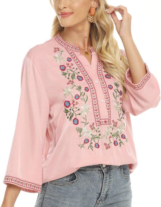 LauraKlein Women's Mexican Embroidered Tops Bohemian Clothes 3/4 Sleeve V Neck Boho Shirts Peasant Tunics Blouses - Image 5