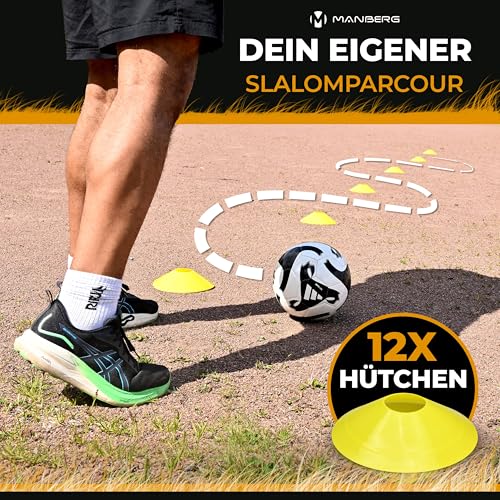 Manberg® Fußball Trainingsset Pro – Koordinationsleiter 6m, 12 Hütchen, Widerstandsschirm, Kick-Trainer – Komplettes Trainingszubehör für Kinder & Erwachsene