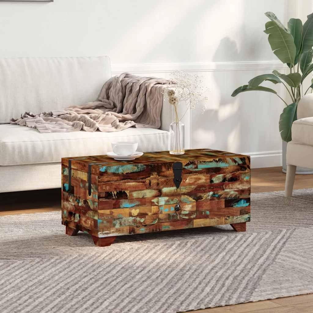 vidaXL Mesa de Centro Cofre Madera Maciza Reciclada 80x40x35 cm 3 Compartimentos