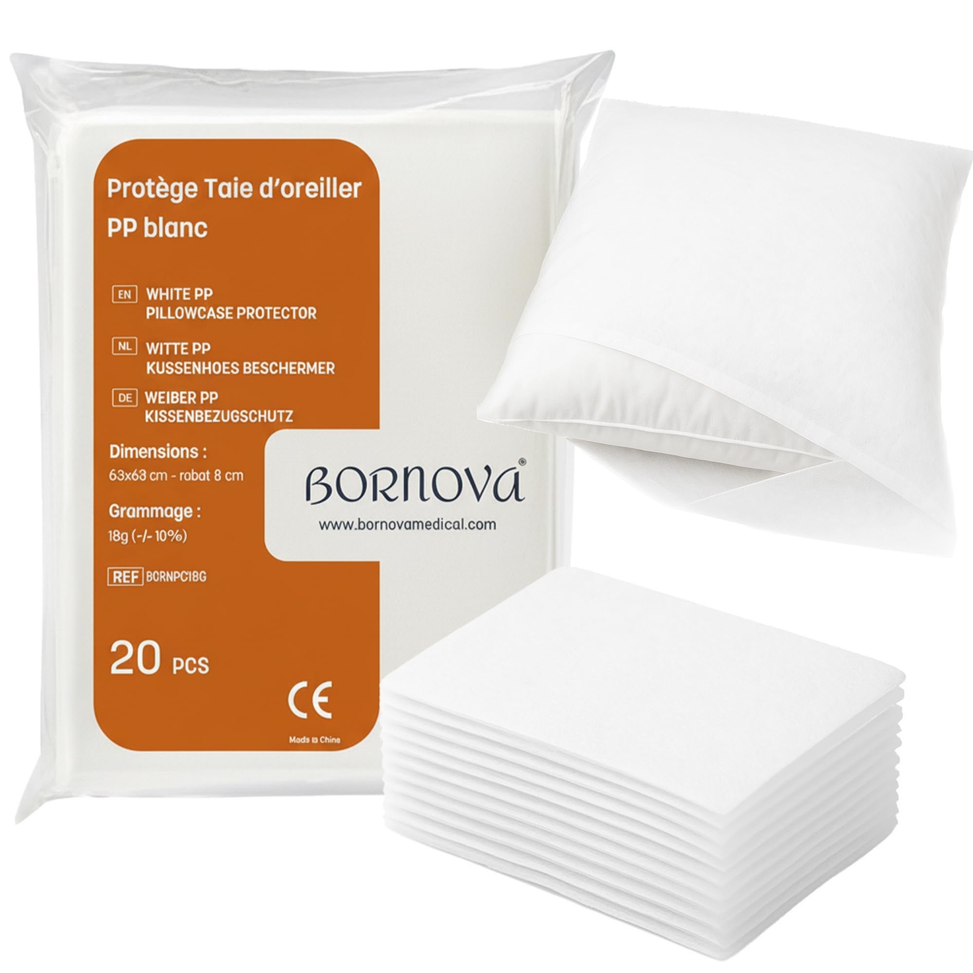 Confezione da 20 – Federa per cuscino monouso 63x63 cm con patta – Federa bianca usa e getta in tessuto non tessuto di polipropilene – Per uso medico, estetico o massaggi – BORNOVA