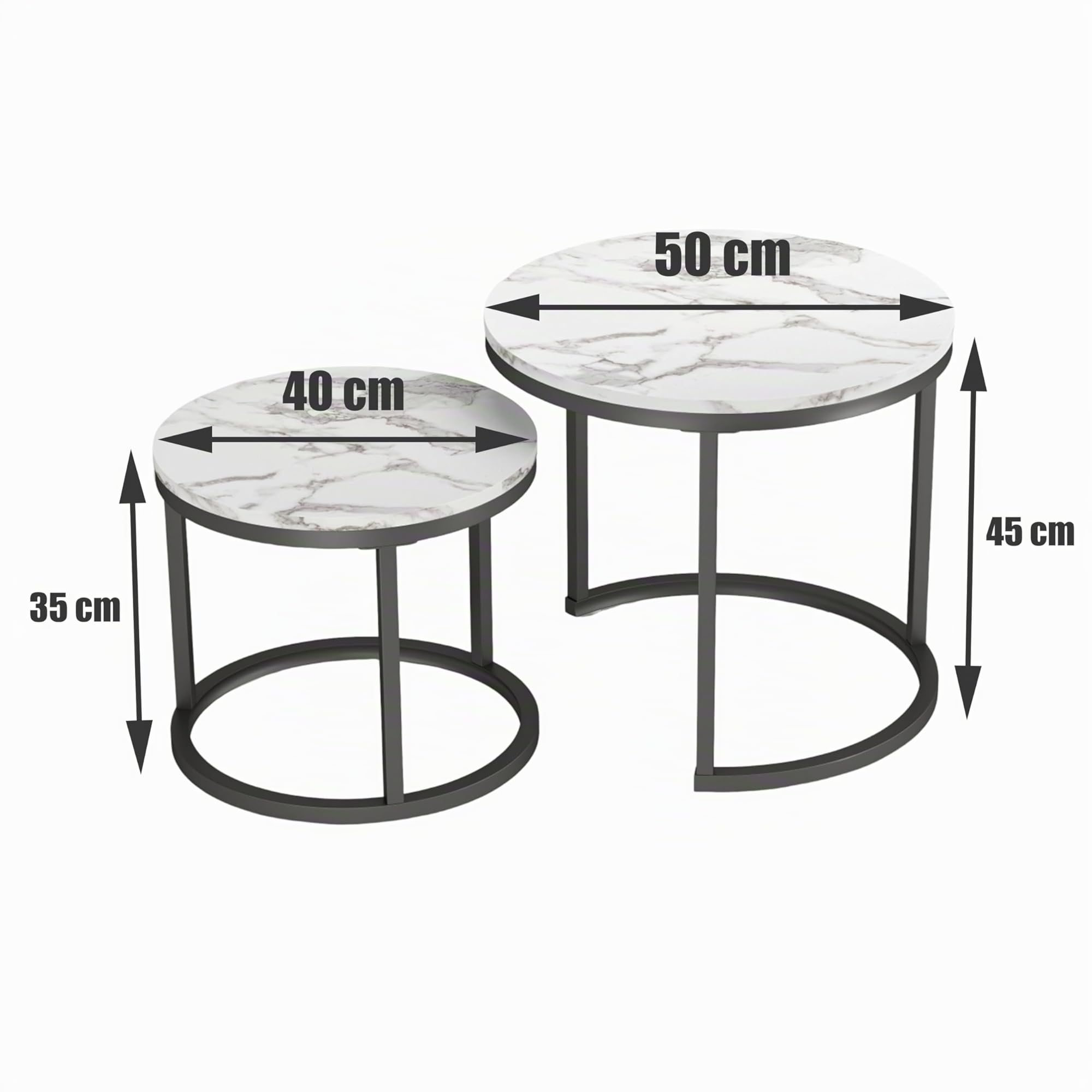 Tavolini da Salotto set di 2 pezzi, Marmo Effetto Texture Tavolo Rotondo, cornice nera Tavolino da Salotto Moderno, Tavolino Salotto Bianco accomodabilee