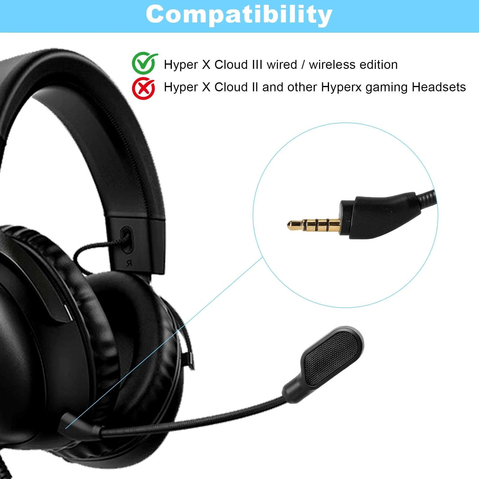 Zamienny zestaw słuchawkowy mikrofonowy do HyperX Cloud II i Cloud III, zestaw słuchawkowy gamingowy z wtyczką 3,5 mm, elastyczny mikrofon Boom zapewnia wyraźny czat głosowy, kompatybilny z modelami