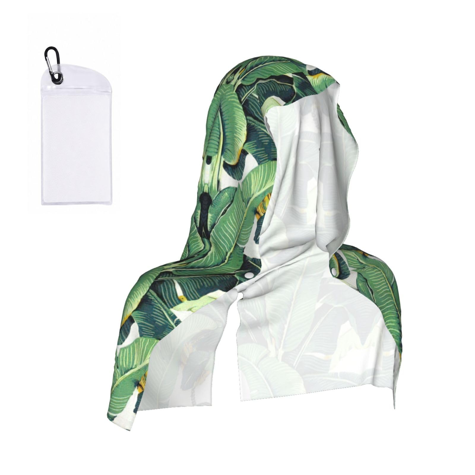 DUWAA Tropical Banana Palm Leaves Print Cooling Hooded Sports Towel, 30×60cm Quick Drying Summer Cool Head Wrap For Neck And Face