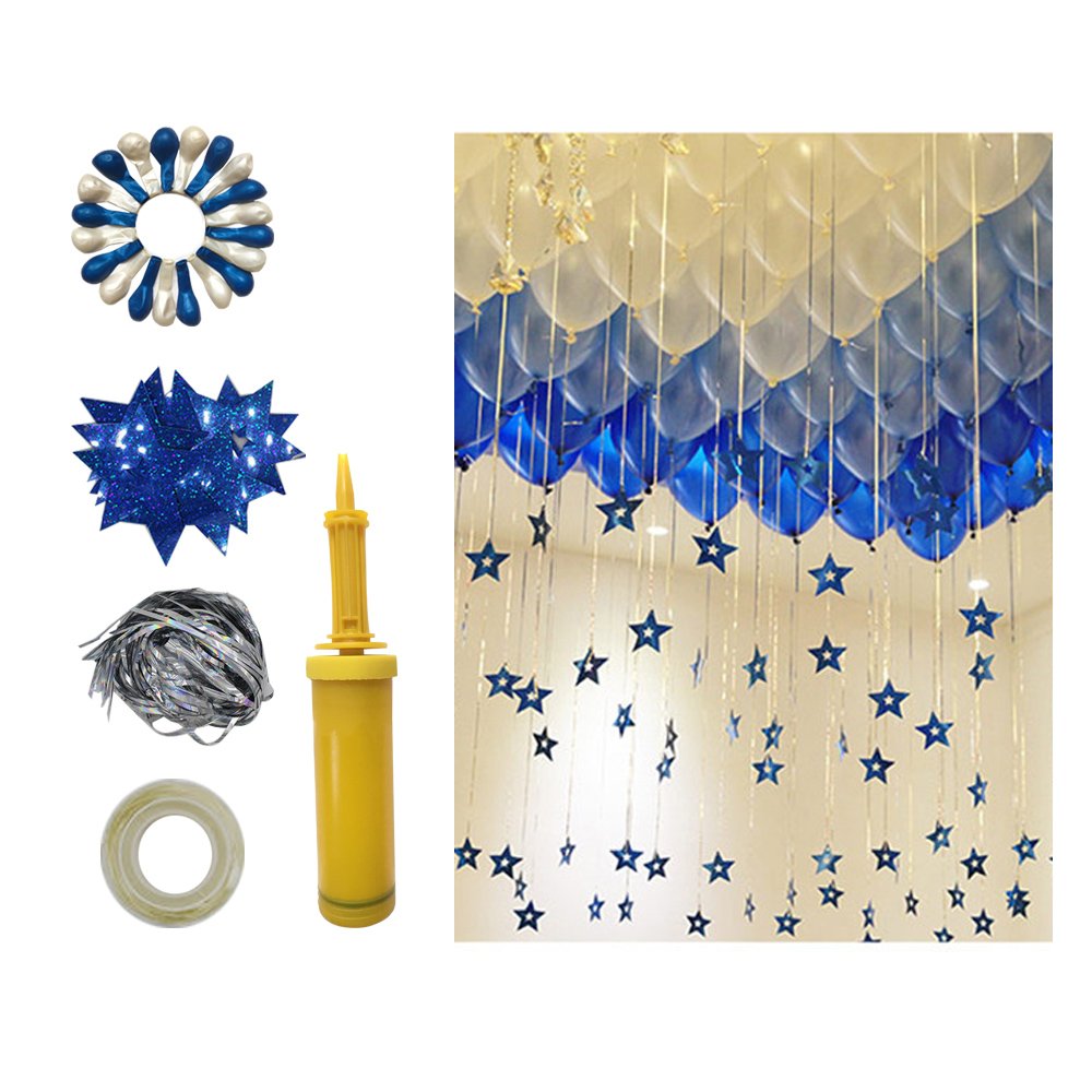 Round Latex Balloons (50 Blue,50 White),12inches Premium Quality Thick Balloons, Radium Stars,Hand Held Air Pump.Balloon Tassel.The Balloon Dispensing. Radium Stars Random Color.