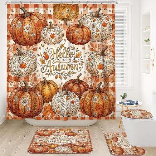 Rideaux de douche citrouille en textile premium lavable avec tapis orange