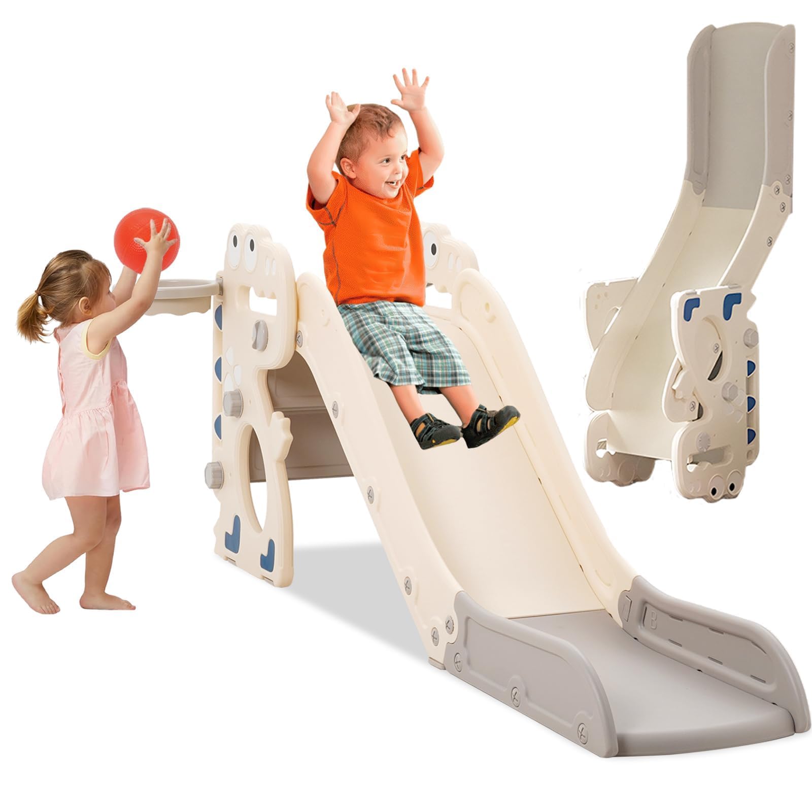 Kinder Rutsche Faltbar Kinderrutsche mit Basketballkorb und Armlehnen, Gartenrutsche Kleinkinderrutsche, Kleinkinderrutsche Indoor & Outdoor Grau