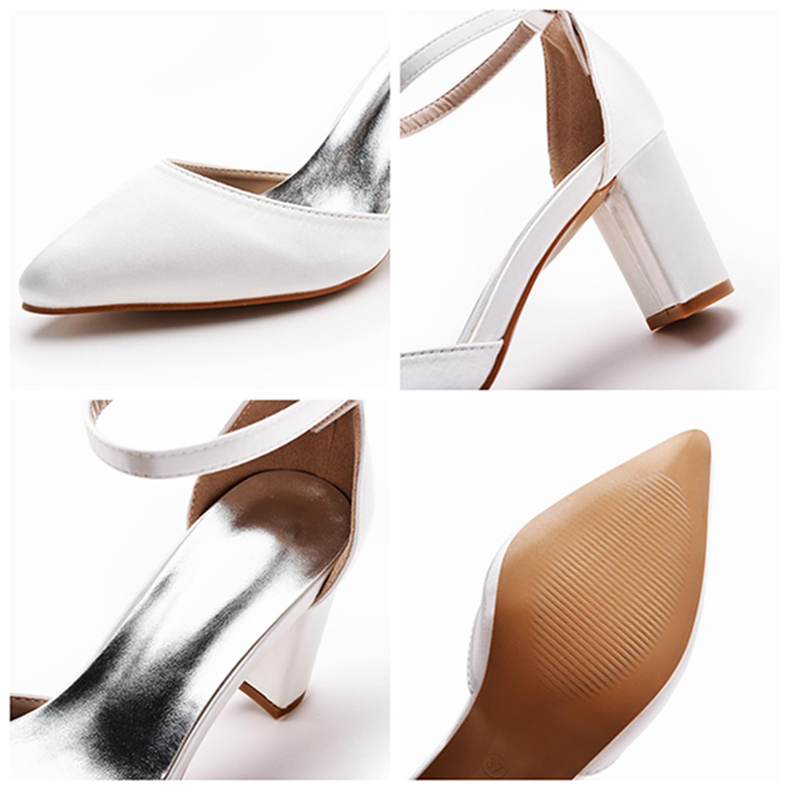 Hochzeitsschuhe Damen Spitz Spangenpumps Seidenoberfläche Braut Blockabsatz Pumps 7Cm